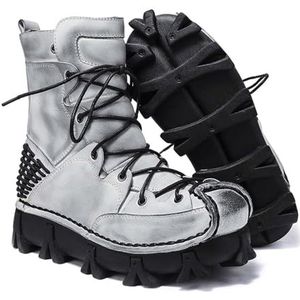 Men's riding Leather Motorcycle Boots, Mid-calf Thick soles lace-up work Boots, Winter warm snow Short Boots (Color : Gray Cotton, Size : 49 EU)