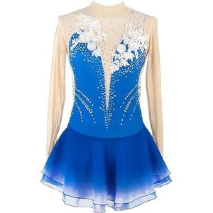 Nnnydjy Dames Kunstschaatsen Prestaties Kostuums Steentjes Borduurwerk Girls Ice Skating Competition Jurken Lange Mouw Ritmische Gymnastiekpakjes,Blauw,11_13Years