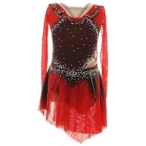 Nnnydjy Meisjes Kunstschaatswedstrijdjurken Zwarte Rode Halo Dyeing Ritmische Gymnastiek Leotards Voor Vrouwen Lange Mouw Roller Ballet Visgraat Rok,Rood,11_13Years