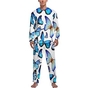 Vlinder Kleurrijke Blauwe Tekening Art Zachte Heren Pyjama Set Comfortabele Lange Mouw Loungewear Top En Broek Geschenken XL