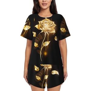 COWMMWOC Mode Gold Rose Bloemen Vrouwen Korte Mouwen Pyjama Set, Ronde Hals Nachtkleding Met Zakken, Comfortabele Nachtkleding - Zachte Pj Lounge Sets Voor Vrouwen, 3d Patronen, 4XL