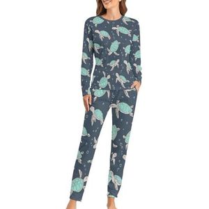 Zeeschildpadden groene zachte damespyjama met lange mouwen, warme pasvorm, loungewear sets met zakken, 6XL