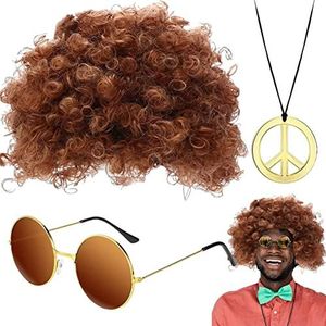 Pruikzonnebril, 3-delige retro kostuumset, retro hiphopkostuum, gouden discozonnebril, discokostuumaccessoires, rocker disco zwart haar pruik, voor hippiekostuum cosplay halloweenfeest