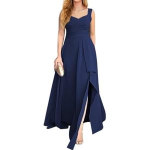 KURFACE Chiffon bruidsmeisjesjurk met split geplooide mouwloze lange avondjurk voor dames, Donkerblauw, 32