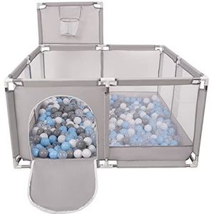 Selonis Square Babybox Met Plastic Ballen, Basketbal, Grijs:Grijs/Wit/Transparant/Babyblue,200 Ballen