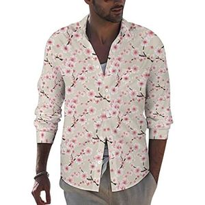 Roze Sakura Blossom Heren Button Down Lange Mouw Shirt Causale Strand Tops Met Pocket Regular Fit