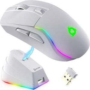 KLIM Blaze Y RGB oplaadbare draadloze gamingmuis met oplaadstation - Zeer nauwkeurige sensor en langdurige batterij - Tot 6000 DPI - PC-gamingmuis - bedrade en draadloze muis voor pc - wit