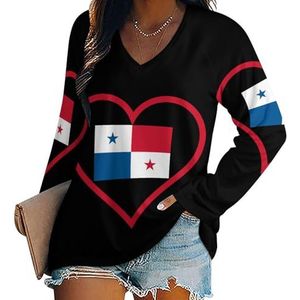 I Love Panama Red Heart vrouwen casual T-shirts met lange mouwen V-hals gedrukte grafische blouses Tee Tops 3XL