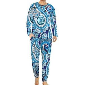 Paisley blauwe print patroon comfortabele heren pyjama set ronde hals lange mouwen loungewear met zakken XL