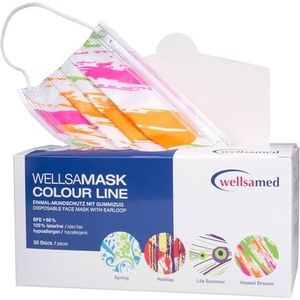Wellsamed Wellsamask Design Colour Line medische mondbescherming, mond- en neusbescherming, operatiemaskers, wegwerpmaskers, 50 stuks, CE/EN 14683 type IIR, 3-laags, Hawaii-roze