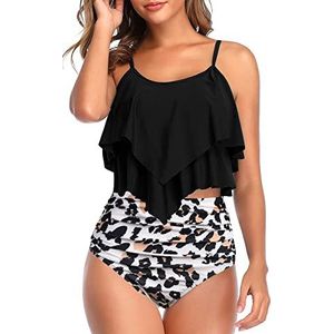 Genfien Badpak voor dames, ruches, tweedelige bikini met hoge taille, badmode, volant, bedrukt badpak, luipaardmotief, M