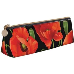 KemEng Lente Rode Bloemen Gedrukt Potlood Pouch Driehoek Pen Case Draagbare Lederen Potlood Tas Met Rits Cosmetische Pouch Bag, zoals afgebeeld, Eén maat, Tas Organizer