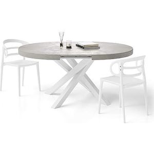 Mobili Fiver, Ronde uitschuifbare Emma eettafel, 120-160 cm, Grijs Beton, met witte gekruiste poten, Made In Italy