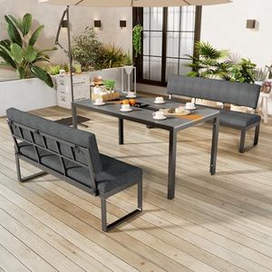 Aunvla Set aluminium eettafel en stoelen, zes zitplaatsen, grote capaciteit, met afneembare en wasbare rug- en zitkussen, tafel van kunststof met houtnerf, grijs