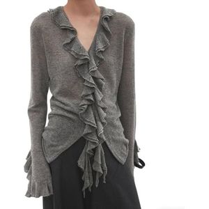 UERSJWYSO Dames Gebreide Cardigan Van Wolmix met Ruches V-Hals Klokmouwen Doorschijnend Elegant Casual Zakelijk Blouse-Topje,Grijs,L