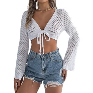 LoprNsdgt Womens Tie Front Hollow Cropped Tops Zomer Lichtgewicht Effen Kleur Cardigan Trui,Wit,L