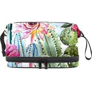 Dubbele Laag Cosmetische Tas Cactus Tropische Draagbare Make-up Tas Reizen Organizer Pouch voor Vrouwen Meisjes Toiletartikelen Tassen, Meerkleurig, 27x15x14 cm/10.6x5.9x5.5 in, Make-up zakje