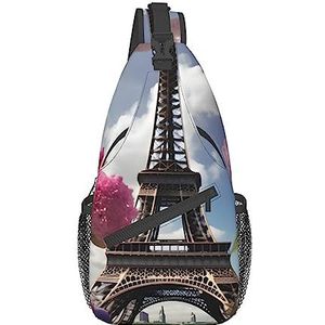 Bloem Parijs Eiffeltorens Print Schoudertas, Crossbody Sling Rugzak, Sling Bag Borsttas, Dagrugzak voor Vrouwen Mannen Reizen Wandelen, Bloem Parijs Eiffeltorens, Eén maat