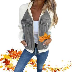 LTHTX Moderne jas met denim stof, herfst casual patchwork denim jas vrouwen UK, mode turndown kraag overgangsbovenkleding (grijs, medium)