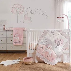Levtex Baby - Colette wieg bed set - babykamer set - grijs roze wit - eenhoorn - 5-delige set inclusief dekbed, twee hoeslakens, muursticker & rok/stof ruches
