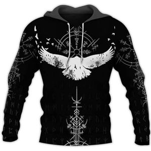 Nordic Crow Pullover Hoodie, 3D-geprinte Heren Retro Punk Fitness Polyester Ademende Korte Mouwen, Fall Lange Mouwen Sweatshirt met Trekkoord en Rits met Capuchon(Hoodie,3XL)