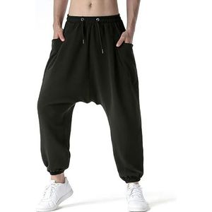 Heren Leger Groene Baggy Genie Boho Yoga Harembroek Katoen Lage Drop Kruis Joggers Joggingbroek, Zwart, M