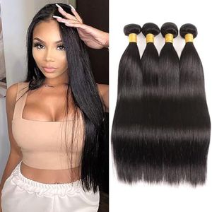 Huarisi Straight Human Hair 4 Bundles Brazilian Hair 18 20 22 24 inch 100% Unprocessed Virgin Hair Straight Bundles Weaves 400g Natural Color Real Hair Sew In Weaving Can be Dyed