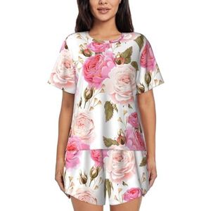 JIAWUJYNB Pyjamaset met rozenbloemenprint voor dames met korte mouwen - comfortabele korte sets, nachtkleding met zakken, Zwart, M