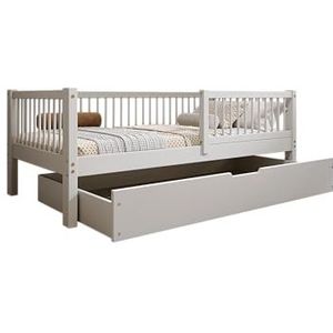 TIMBEE - Alfi Box - Kinderbed 90x200 met Lade - Bed Grijs - Eenpersoonsbed voor Kinderen met Lattenbodem en Valbeveiliging Afneembaar - Draagvermogen Tot 100kg - Klasse 1 Grenenhout