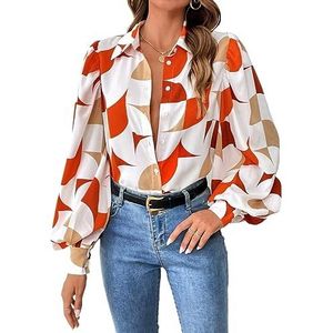 dames topjes Overhemd met lantaarnmouwen en geoprint - Casual overhemd met lange mouwen en knopen aan de voorkant (Color : Multicolore, Size : L)