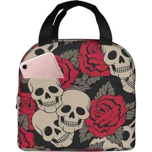 SUUNNY Zwarte schedel met rozen print lichtgewicht geïsoleerde lunchtas Rolltop voor warmtebehoud - warm/koud voedsel lunch tas