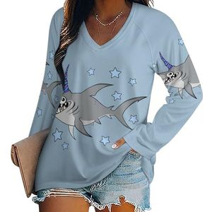 Grappige Shark Star vrouwen casual T-shirts met lange mouwen V-hals bedrukte grafische blouses T-shirt tops S