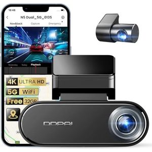 DDPAI Dashcam Auto Voor een Achter, 4K+1080P Dashcam Met 32GB eMMC Intern, Super Nachtzicht, 5G WiFi, GPS, 24H Parkmodus, G-Sensor, Loop-opname, App-bediening, Supercondensator, N5 Dual