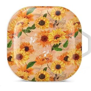 Gele aquarel zonnebloemen oordopjes hoesje compatibel met Samsung hard shell beschermhoes witte stijl
