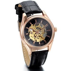 JewelryWe Heren automatisch polshorloge, zakelijke casual skelet automatisch mechanisch horloge automatisch horloge met lederen band, zwart bruin rose goud, Zwart, riem