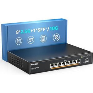 YuanLey 9-poorts 2,5G PoE-switch, 8 x 2,5G PoE-poorten, 10G SFP, IEEE802.3af/at, 120W, 100/1000/2500Mbps, metalen ventilatorloos, desktop/rack mount
