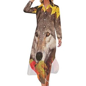 Maple Leaves Wolf Maxi-jurk voor dames, lange mouwen, knoopsluiting, casual feestjurk, lange jurk, 2XL