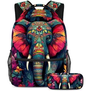 Kleurrijke olifantenrugzak met etui, 2 stuks schooltassenset voor jongens meisjes tieners, reisboekentas voor studenten, Veelkleurig #02, B：29.4x20x40cm P：19x7.5x3.8cm, Rugzakken