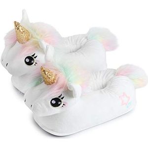 corimori Schattige pluche pantoffels (10+ designs) eenhoorn ""Mia"" slippers eenheidsmaat 34-44, uniseks pantoffels, wit bont