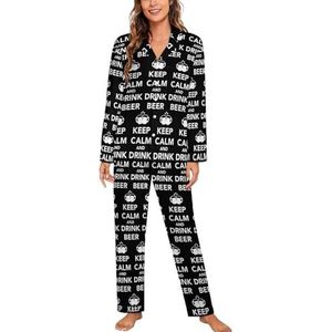 Keep Calm And Drink Beer Vrouwen Lange Mouw Button Down Nachtkleding Zachte Nachtkleding Lounge Pyjama Set M