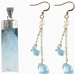 Healing Crystal Rough Aquamarijn Drop Oorbellen, en Sky Blue Rough Crystal Aquamarijn Cilinder Ketting Hanger, Sieraden Gift voor Meisje Vrouwen
