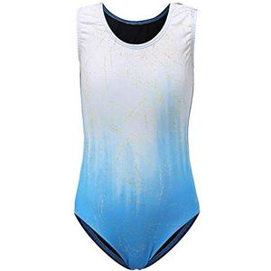 Sinoeem Turnpakje voor meisjes, ballet, kinderen, lange/korte mouw, zonder mouw, kleurverloop, ronde hals, gympakje voor meisjes van 3-12 jaar (blauw - korte mouw, etiket 8A (7-8 jaar))