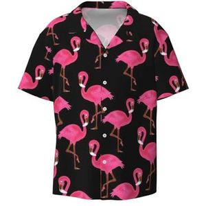 YQxwJL Veel zonnebloemen print heren casual button down shirts korte mouw kreukvrij zomer jurk shirt met zak, Mooie roze flamingo's, XXL