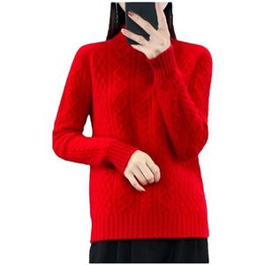 Dames Wollen Kasjmier Trui Herfst Winter Half Coltrui Gebreide Truien Vrouwen Effen Dikke Warme Base Shirt Tops, Rood, S