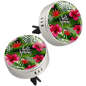 2 STKS Hallo Zomer Tropische Bloemen Palm Print Auto Aromatherapie Essentiële Olie Diffuser Medailon Magnetische Sluiting Medaillon met Vent Clip 4 Refill Pads (Sliver)