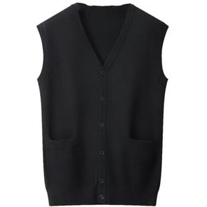 Heren lente V-hals gebreid vest heren zakelijk casual losse grote maat mouwloos vest trui, Zwart, XL