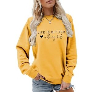 Life Is Better with My Kids sweatshirt voor vrouwen grappige liefde hart print shirts lange mouw jas tops (L, geel), Geel, L