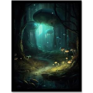 Enchanted Forest With Bioluminescent Mushrooms Oil Painting Stream In Moonlit Fantasy Landscape Colourful Magical Nature Mystical Modern Artwork Framed Wall Art Print 18X24 Inch