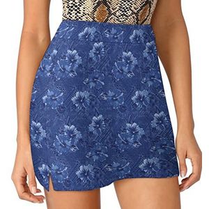 Hibiscus Bloemen met Hawaiiaanse Tapa Dames Skorts Hoge Taille Tennisrok Gelaagde Korte Mini Rok Culottes Skorts Met Zakken 4XL