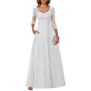 Dames chiffon moeder van de bruid jurk voor bruiloft ruches galajurken cocktailjurk plus size, Wit, 32